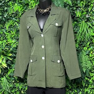 Silk House Blazer Jacket Small Green 100% Silk Utility Button Front‎ 3548